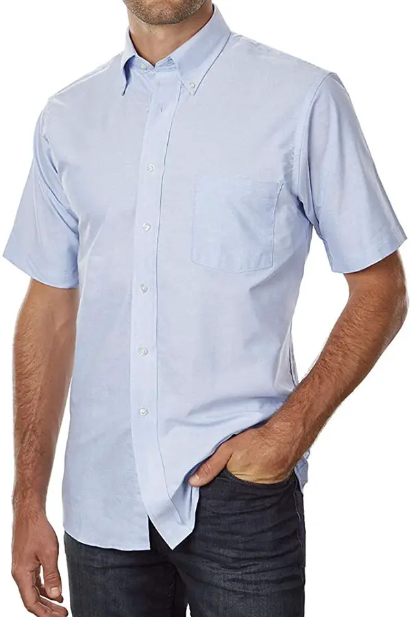 Close up of man wearing blue oxford shirt from Amazon.