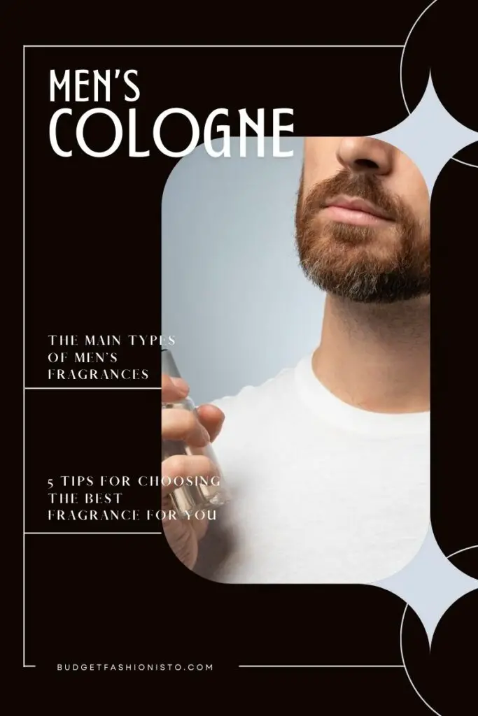 Man spraying cologne on neck with text overlay that reads men's cologne. 
